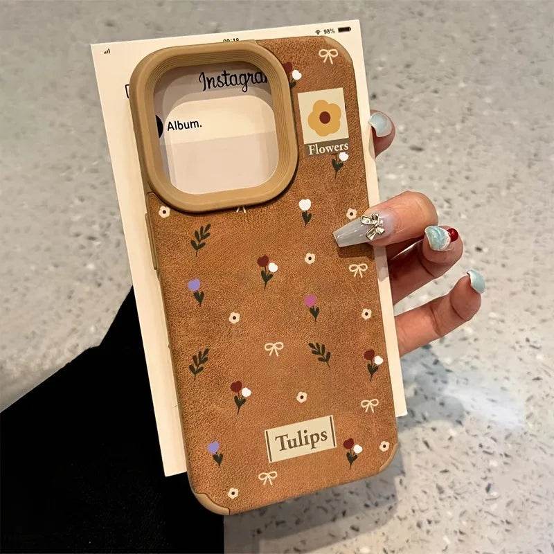 Cute Phone Cases For iPhone 16 Pro Max 15 14 Plus 13 12 11 XS X XR - Branches and Leaves Broken Flowers - Leather Cover - Touchy Style