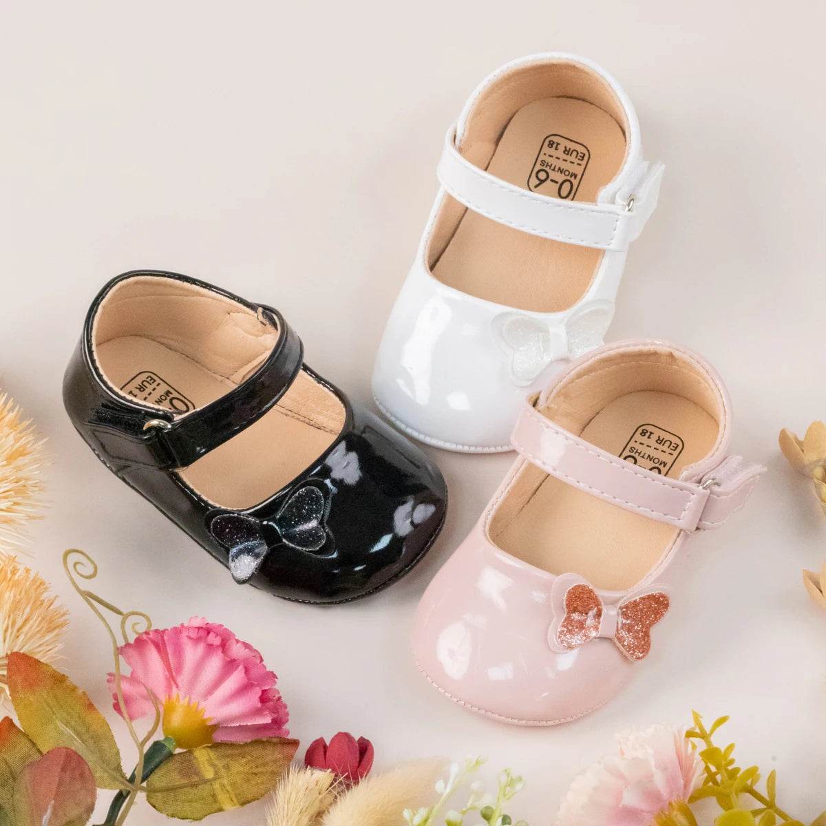 KIDSUN Baby Shoes Newborn Girl Princess PU Toddler Shoes Bow Decor Rubber Sole Anti-Slip First Walker Shoes 0-18M - Touchy Style