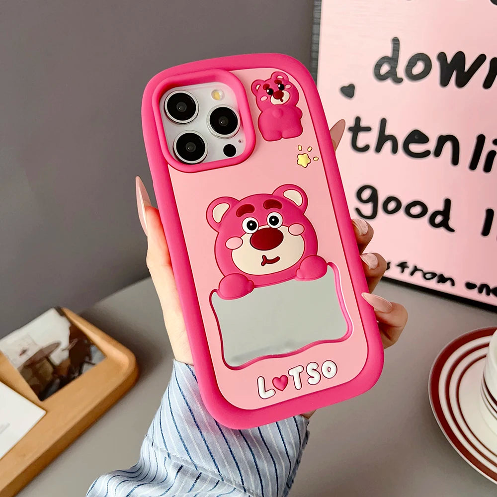 Monsters Berry Bear Cute Phone Cases for iPhone 6 6s 7 8 X XS 11 12 13 14 15 16 Plus Pro Max Soft Mirror Cover