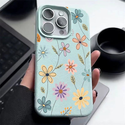 Luxury Leather Texture TPU Case For iPhone 16 15 14 13 12 Pro Max 13 15 Pro 11 Cartoon Flowers Pattern Soft Silicone Phone Cover - Cute Phone Cases