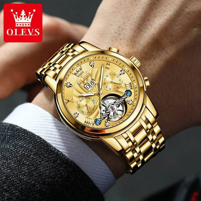 OLEVS Mens Watch Automatic Mechanical Tourbillon Slef-Wind Luxury Stainless Steel Strap Waterproof Luminous Date Wrist Watch - Touchy Style