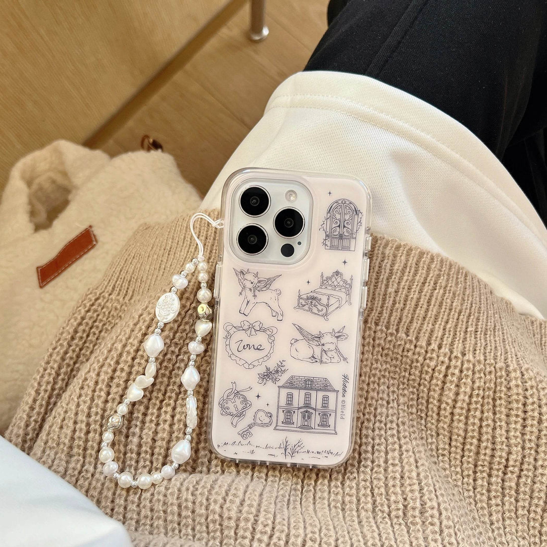 Cute Phone Cases For iPhone 16, 15, 14, 13 Pro Max - Matte Double Layer Goat &amp; House Sketch - Cover With Wrist Chain - PC5040 - Touchy Style