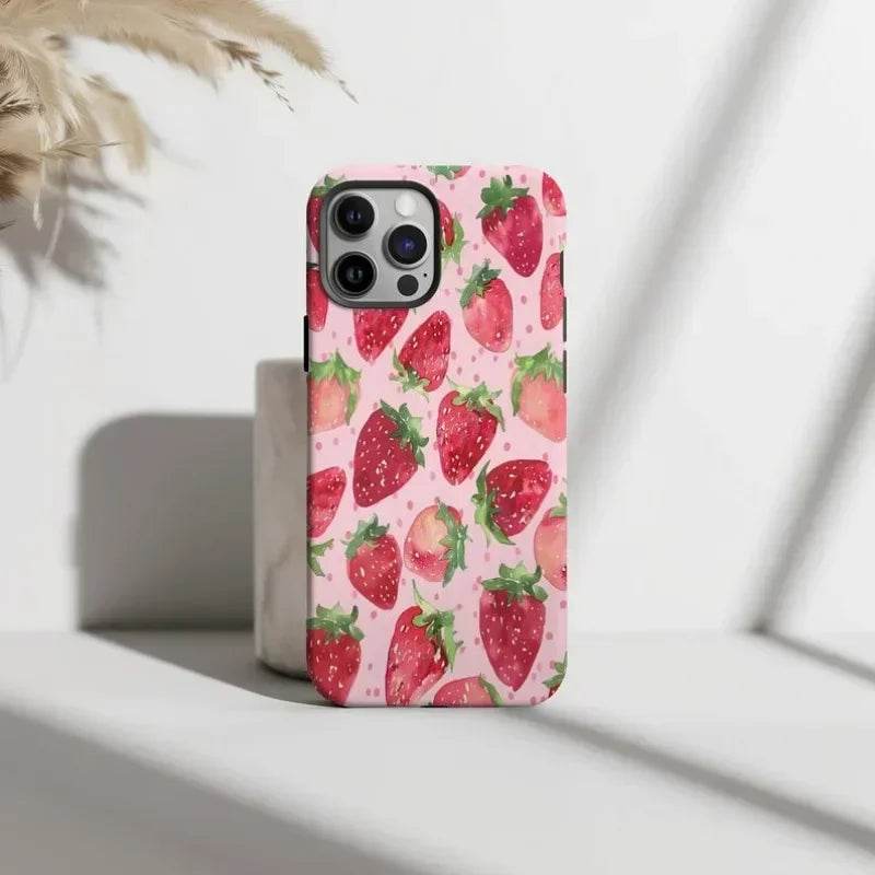 Cute Phone Cases For iPhone 16ProMax, 15, 14, 13, 12, 11 PRO Plus - Watercolor Strawberry Pattern - Acrylic TPU Cover - Touchy Style