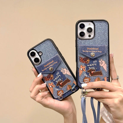 Cute Phone Cases For iPhone 16, 15, 14, 13 Pro Max - Denim Cloth Embroidery Cartoon Dog - PC5320 - Touchy Style