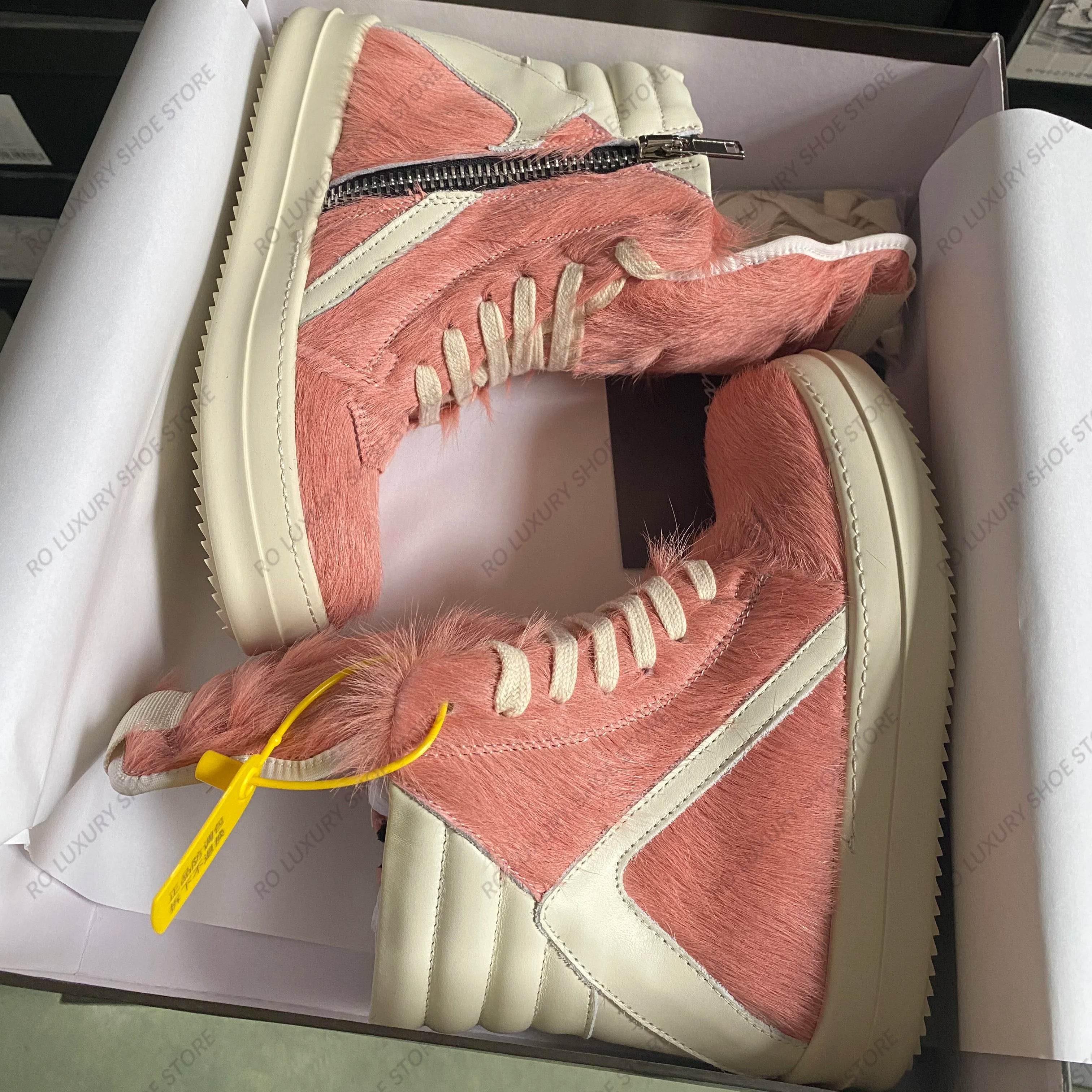 Casual Designer Horse Fur Women Ankle Boot High Top Men Sneaker Leather Geobasket Pink Zipper Quality Thick-sole Platform Shoe - Touchy Style