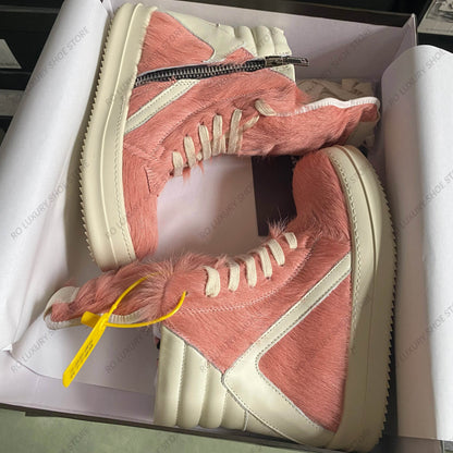 Casual Designer Horse Fur Women Ankle Boot High Top Men Sneaker Leather Geobasket Pink Zipper Quality Thick-sole Platform Shoe - Touchy Style