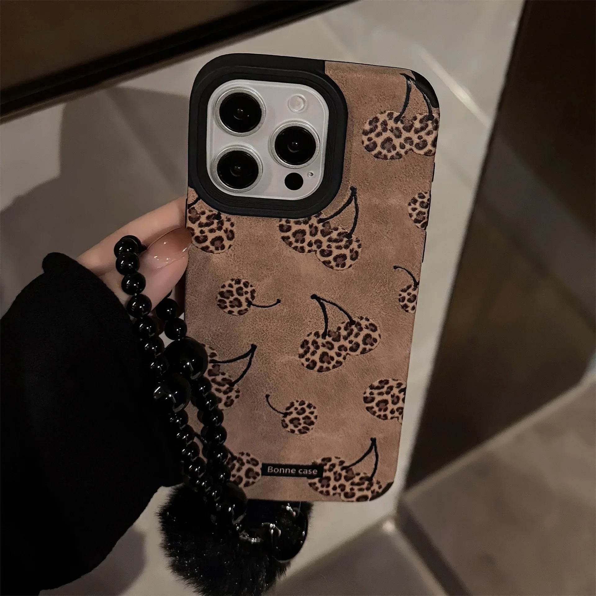 Sexy coffee leopard print cherry art suede Phone case For iPhone 16 15 14 13 12 11 Pro Max Case Cartoon Plush ball pendant Cover - Touchy Style