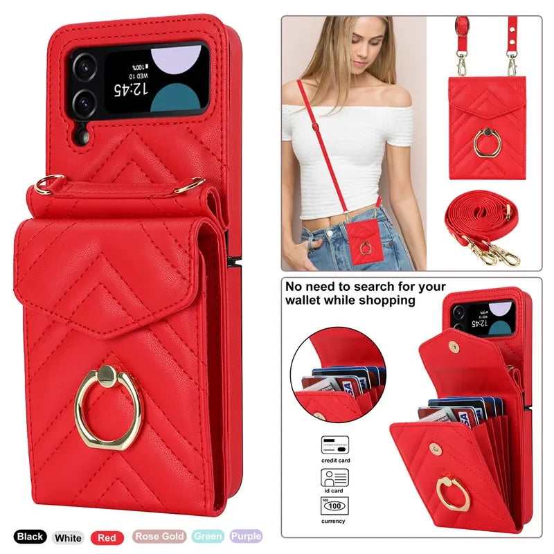 BCPC947 Cute Phone Cases for Galaxy Z Flip 5, Galaxy Z Flip 4, and Galaxy Z Flip 3 - Luxury Crossbody Leather Wallet Cover