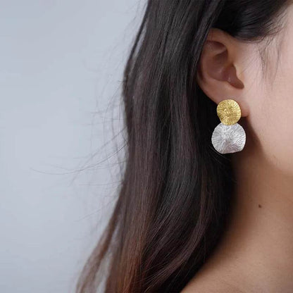 Lotus Fun Minimalism Round Vintage Double Lotus Leaves Dangle Earrings for Women Real 925 Sterling Silver Statement Fine Jewelry - Touchy Style