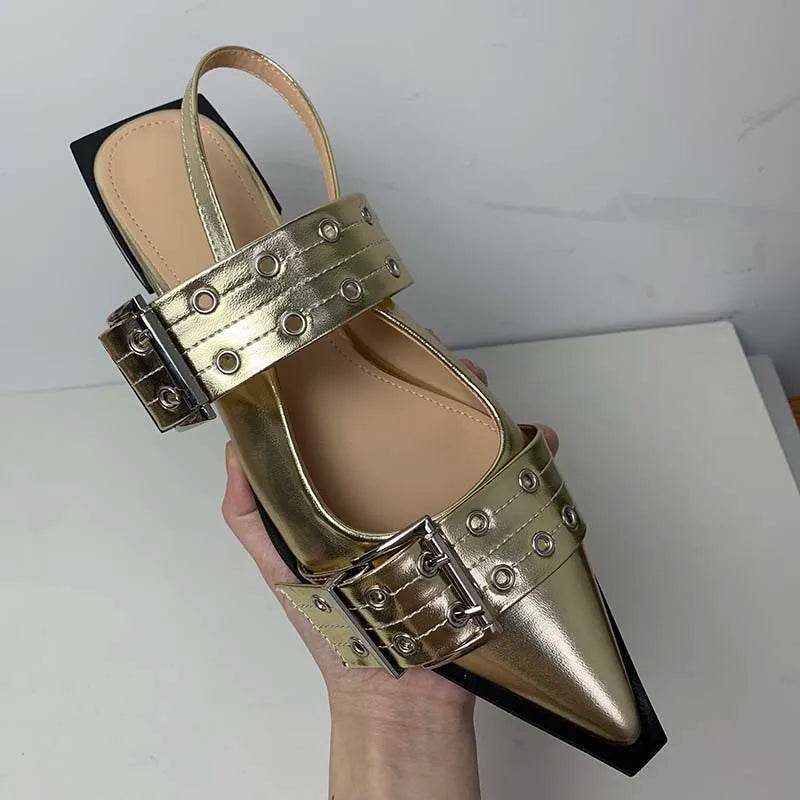 Women Gladiator Sandals Low Heels Shoes Gold Mules Designer Fashion Ladies Shoes For Slides Pointed Toe Casual Female Slippers - Touchy Style