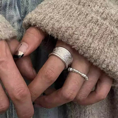 PANJBJ 925 Sterling Silver Geometry Wide Rings For Women Girl Texture Versatile Hip Hop Design Jewelry Gift Dropshipping - Touchy Style