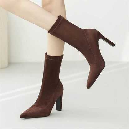 Winter Thick Heel Sock Flock Women Boots Pointed Toe Ankle Booties Sexy Female Shoes Plus Size 34-42 - Touchy Style