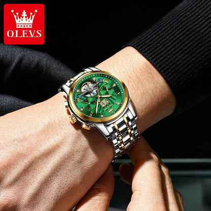 OLEVS Mens Watch Automatic Mechanical Tourbillon Slef-Wind Luxury Stainless Steel Strap Waterproof Luminous Date Wrist Watch - Touchy Style