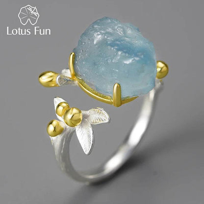 Lotus Fun 18K Gold Natural Aquamarine Gemstone Flower Adjustable Rings for Women Real 925 Sterling Silver Fine Luxury Jewelry - Touchy Style