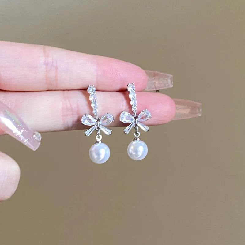 925 Sterling Silver Drop Earring Charm Jewelry - Classic Bowknot With Pearl - E9420 - Touchy Style