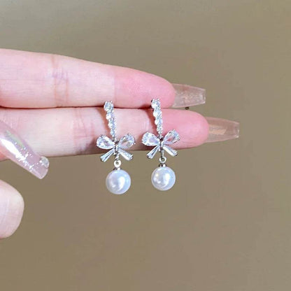925 Sterling Silver Drop Earring Charm Jewelry - Classic Bowknot With Pearl - E9420 - Touchy Style
