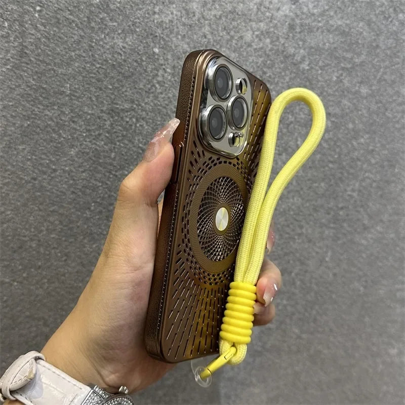 Luxury Wristband Lanyard Magnetic Case for iPhone 16 15 14 13 12 Pro Max 16 Plus Magsafe Hollow Out Heat Dissipation Slim Cover