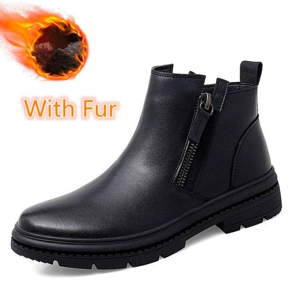 Classic Side Zipper Mens Leather Boots Autumn Winter Male Ankle Boots Comfy Non-Slip Motorcycle Boots Warm Winter Shoes for Men - Touchy Style