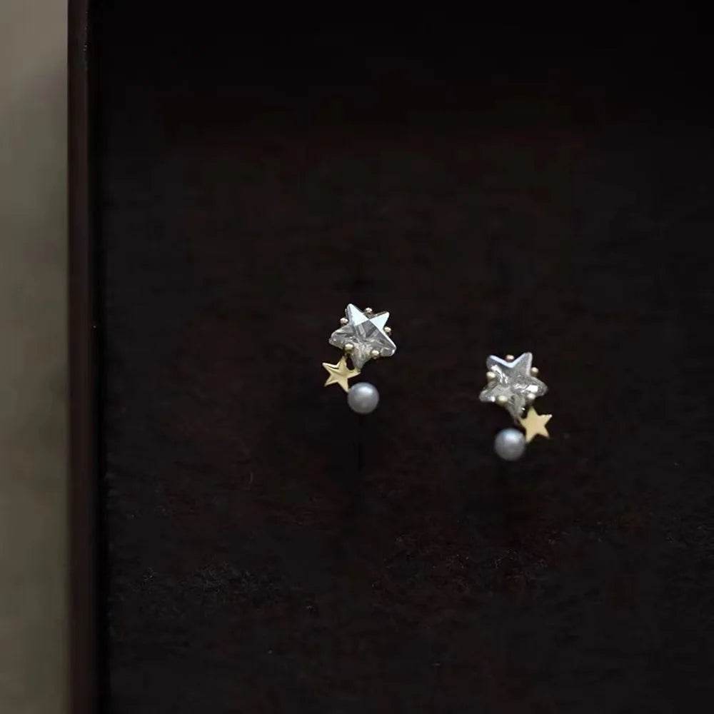 Cute Arc Size Star Zircon Pearl Stud Earrings 925 Sterling Silver 14k Gold Plated Earring for Women Temperament Simple Jewelry - Touchy Style