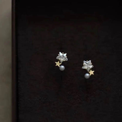 Cute Arc Size Star Zircon Pearl Stud Earrings 925 Sterling Silver 14k Gold Plated Earring for Women Temperament Simple Jewelry - Touchy Style