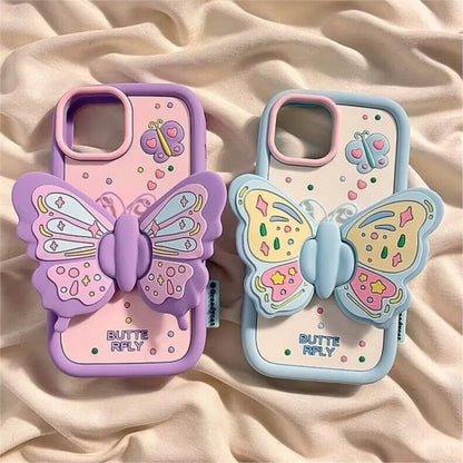 3D Butterfly Folding Bracket Phone Case For iPhone 16 15 13 14 11 12 Pro Max XR XS Max 6 7 8 Plus Soft Silicone Shockproof Cover