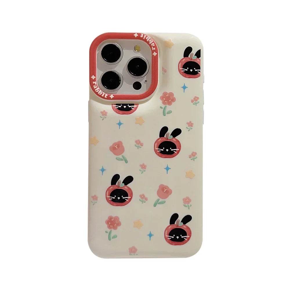 Cute Phone Cases For iPhone 16, 15, 14, 13, 12, 11 Pro Max, Xr, 16 Plus - Funny Tomato Black Rabbit Flowers Cover - IC6040 - Touchy Style