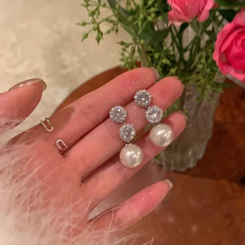 PANJBJ 925 Sterling Silver Round Studs Earrings For Women Pearl Zircon Grace Banquet Romantic Jewelry Gift Dropshipping - Touchy Style