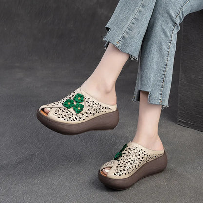 Fashion Cut-outs Women Shoes Slippers Summer Peep Toe Wedge Sandals Genuine Leather Lady Slides Shoes Woman