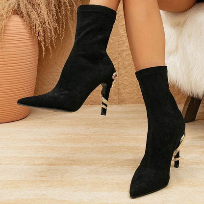 Eilyken Crystal Rhinestone Black Thin Heels Shoes Ankle Boots Women Pointed Toe Strap Zapatos De Mujer - Touchy Style
