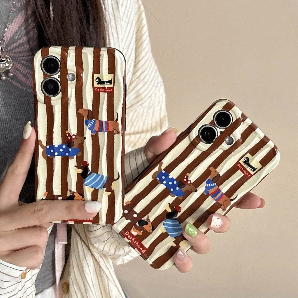 Cute Phone Cases For iPhone 16, 15, 14, 13, 12 Pro Max - Cartoon Dachshund Dog - Stripes 3D Wavy Soft Cover - PC5520 - Touchy Style