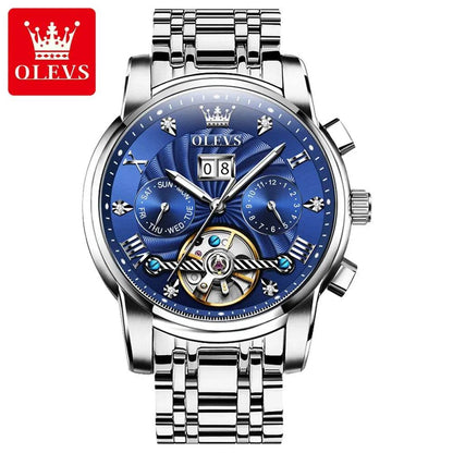 OLEVS Mens Watch Automatic Mechanical Tourbillon Slef-Wind Luxury Stainless Steel Strap Waterproof Luminous Date Wrist Watch - Touchy Style