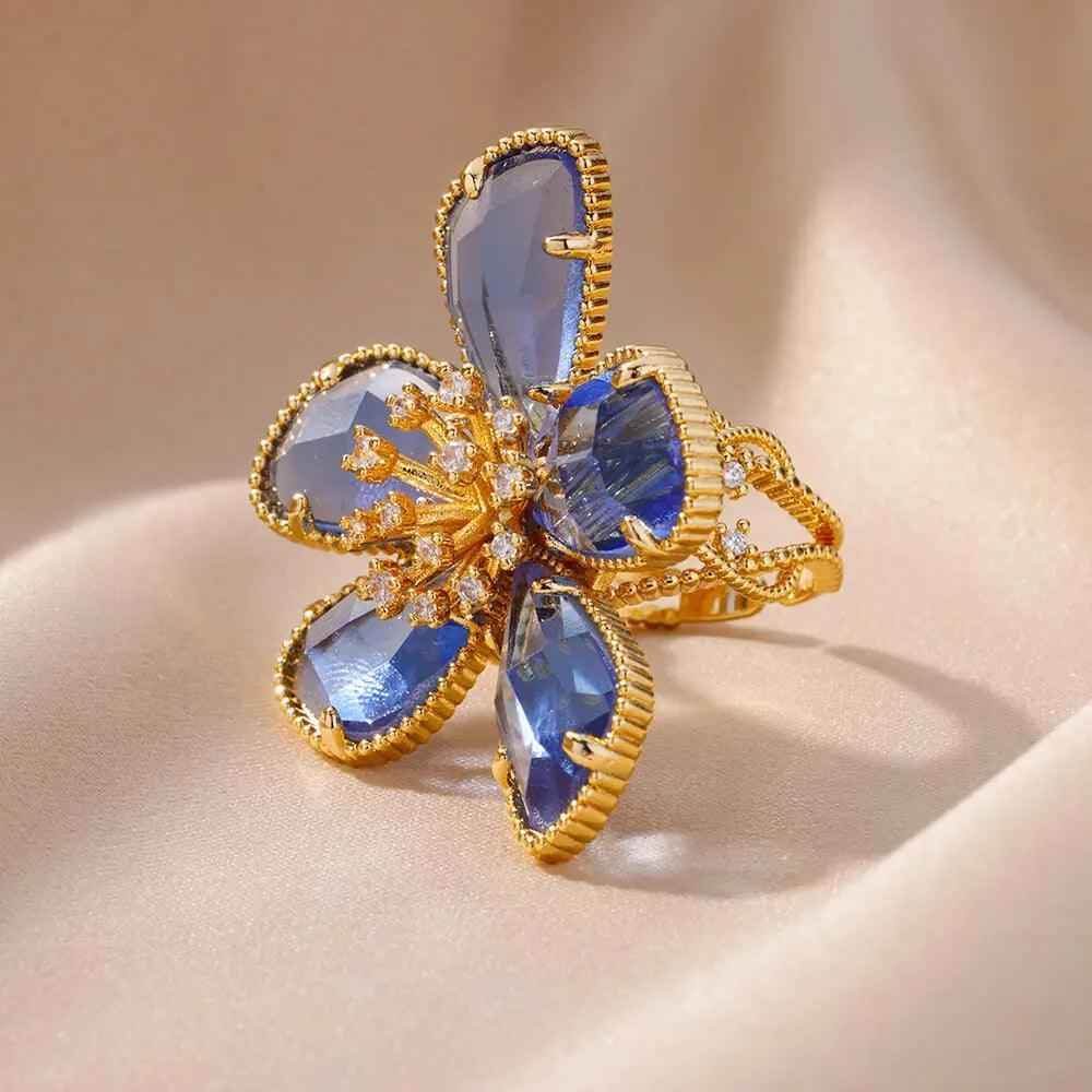 ABCJ457 Finger Ring Charm Jewelry - Stainless Steel Crystal Flower - Touchy Style
