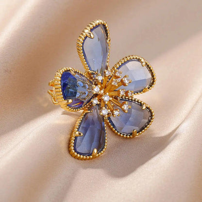 ABCJ457 Finger Ring Charm Jewelry - Stainless Steel Crystal Flower - Touchy Style .