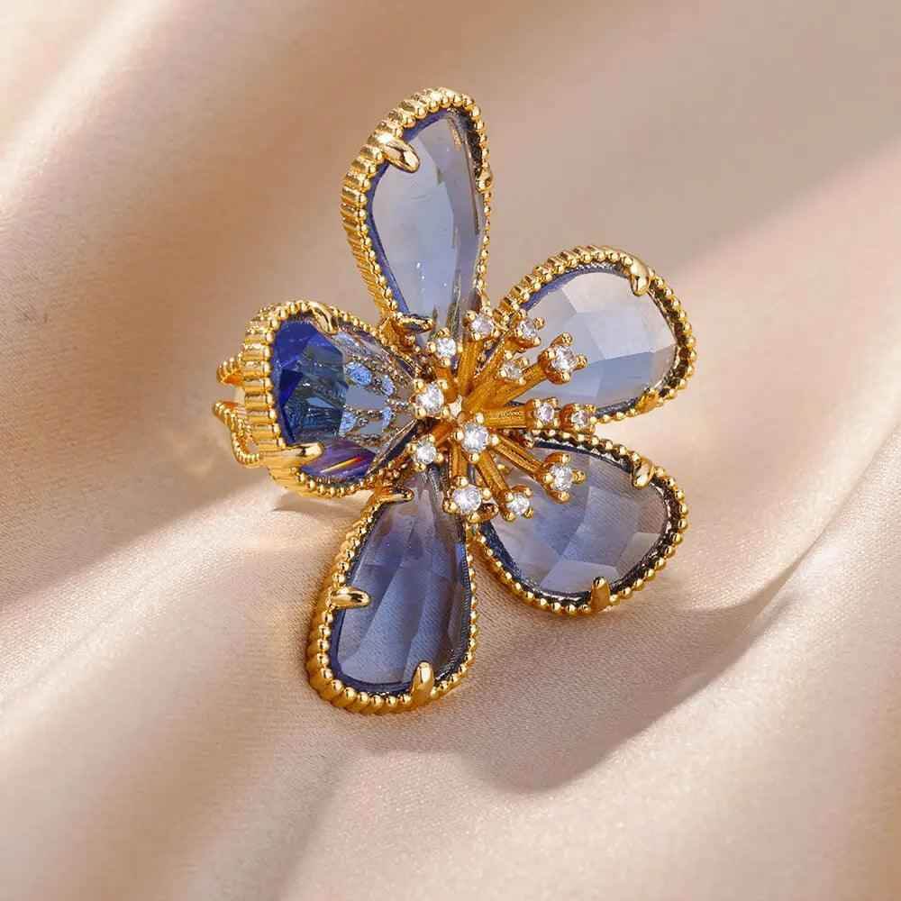 ABCJ457 Finger Ring Charm Jewelry - Stainless Steel Crystal Flower - Touchy Style