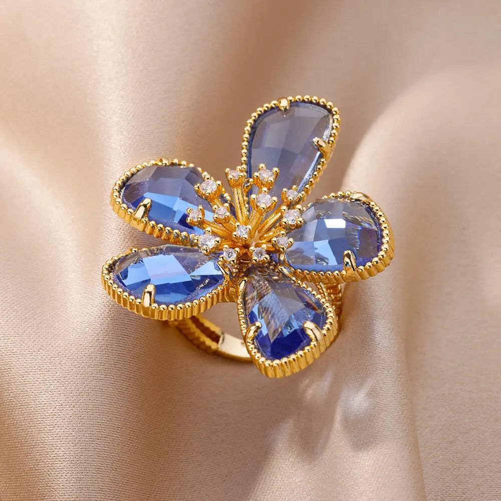 ABCJ457 Finger Ring Charm Jewelry - Stainless Steel Crystal Flower - Touchy Style .