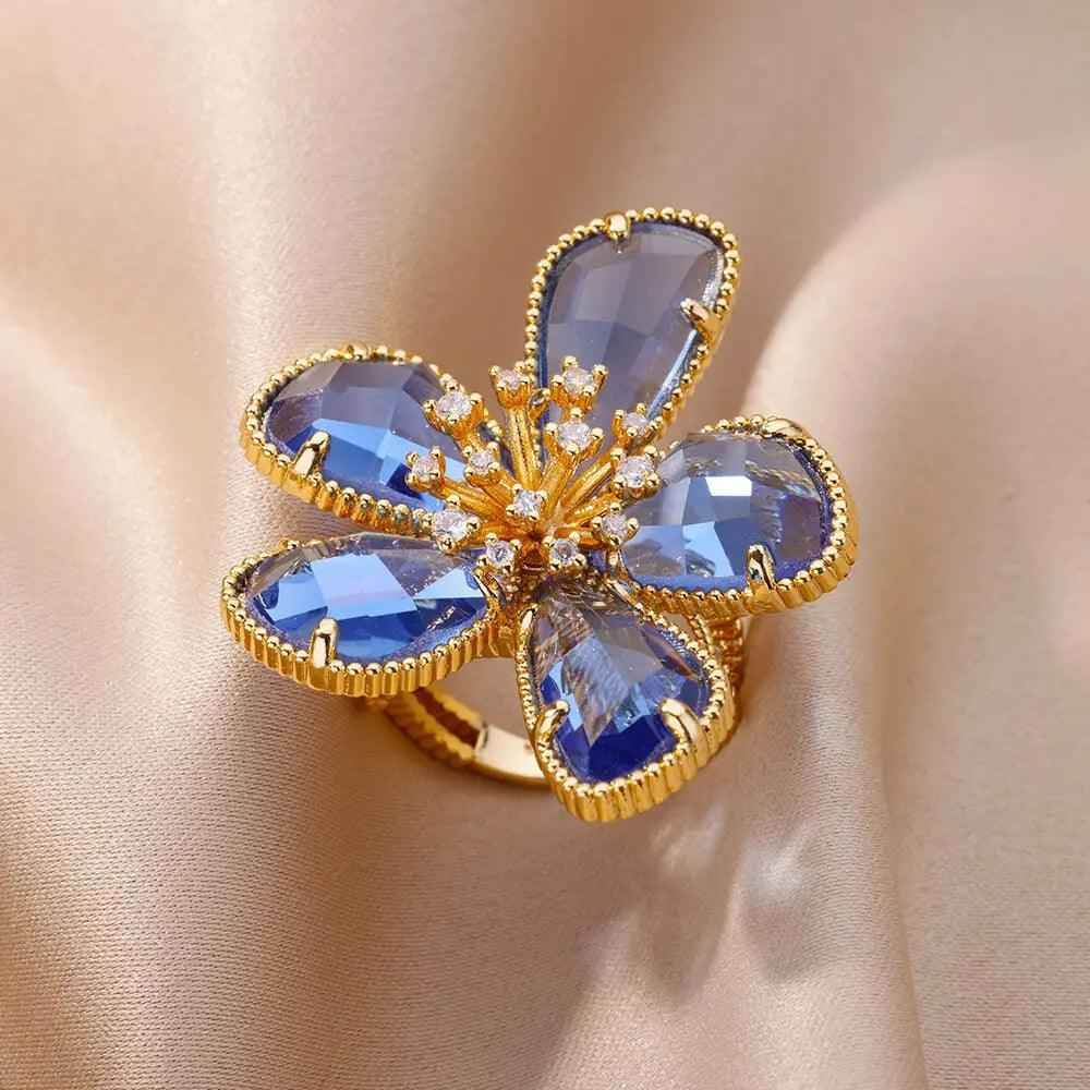ABCJ457 Finger Ring Charm Jewelry - Stainless Steel Crystal Flower - Touchy Style