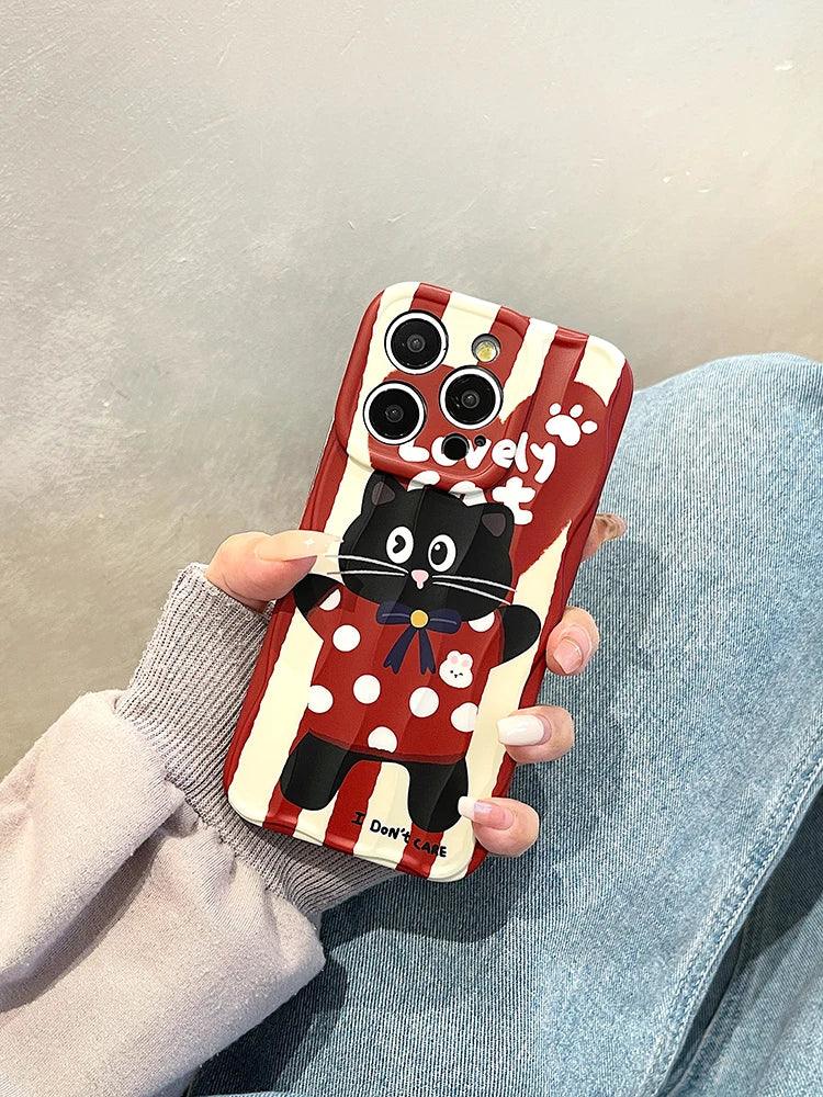 ACPC203 Cute Phone Case For iPhone 11, 12, 13, 14, 15 Pro Max - Cartoon Black Cat - Touchy Style .