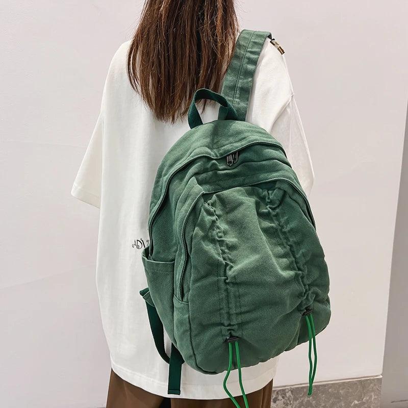 B3087 Cool Backpack - Solid Canvas School Bags - Drawstring Design - Touchy Style