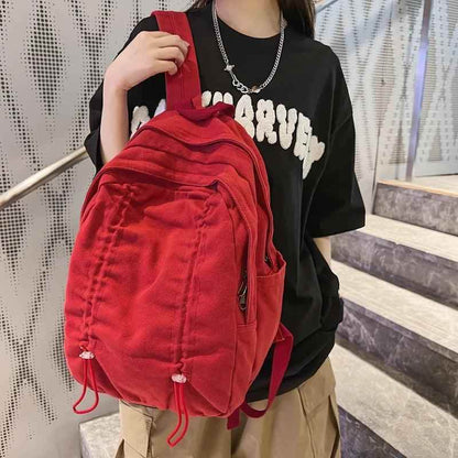 B3087 Cool Backpack - Solid Canvas School Bags - Drawstring Design - Touchy Style