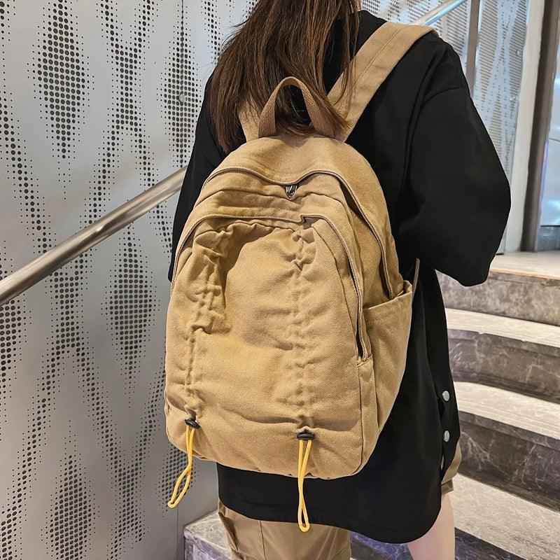 B3087 Cool Backpack - Solid Canvas School Bags - Drawstring Design - Touchy Style