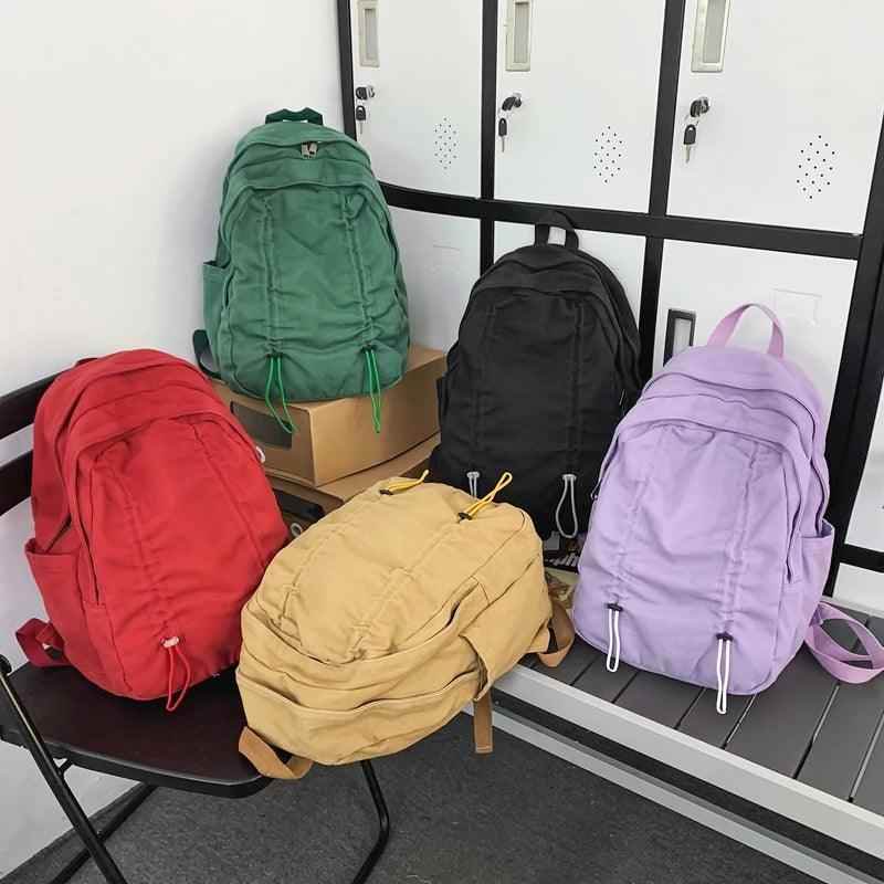 B3087 Cool Backpack - Solid Canvas School Bags - Drawstring Design - Touchy Style