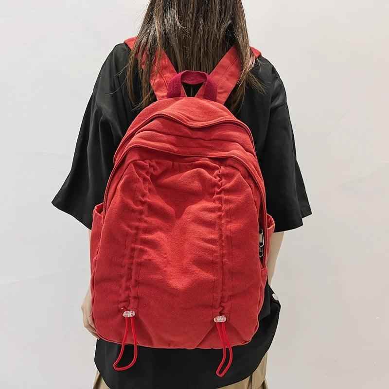 B3087 Cool Backpack - Solid Canvas School Bags - Drawstring Design - Touchy Style