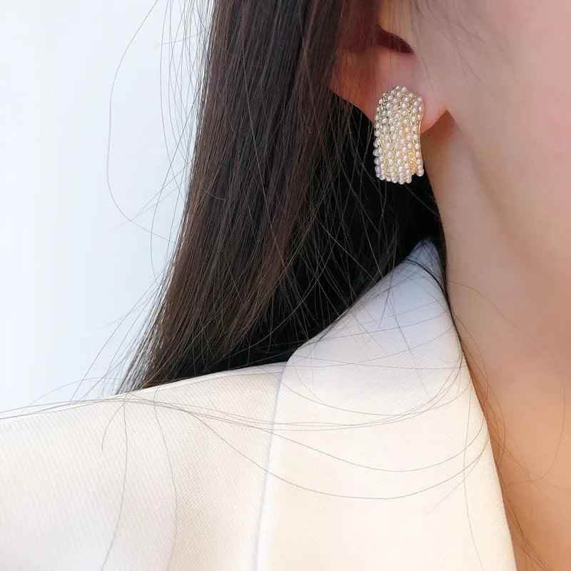 B6154 Stud Earring Charm Jewelry C Shape Metal Pearls - Touchy Style .