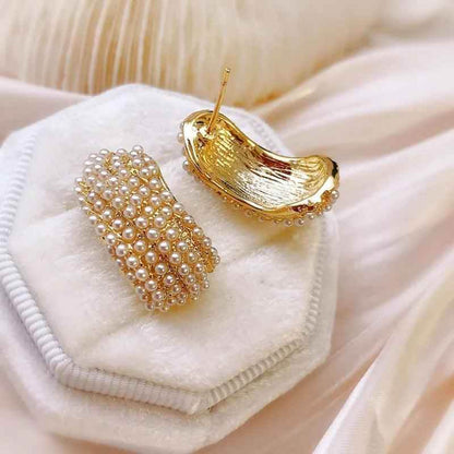 B6154 Stud Earring Charm Jewelry C Shape Metal Pearls - Touchy Style