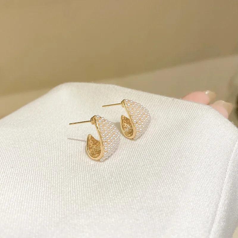 B6154 Stud Earring Charm Jewelry C Shape Metal Pearls - Touchy Style .