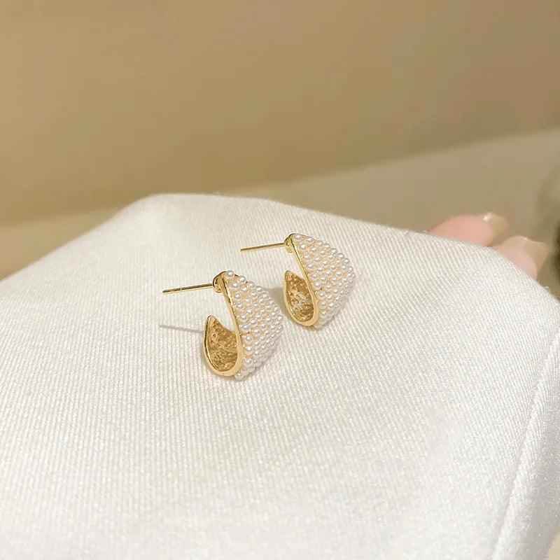 B6154 Stud Earring Charm Jewelry C Shape Metal Pearls - Touchy Style