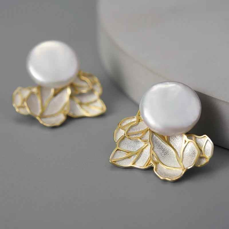 Baroque Pearl Leaves LFJA0134 Stud Earring Charm Jewelry 925 Sterling Silver - Touchy Style .