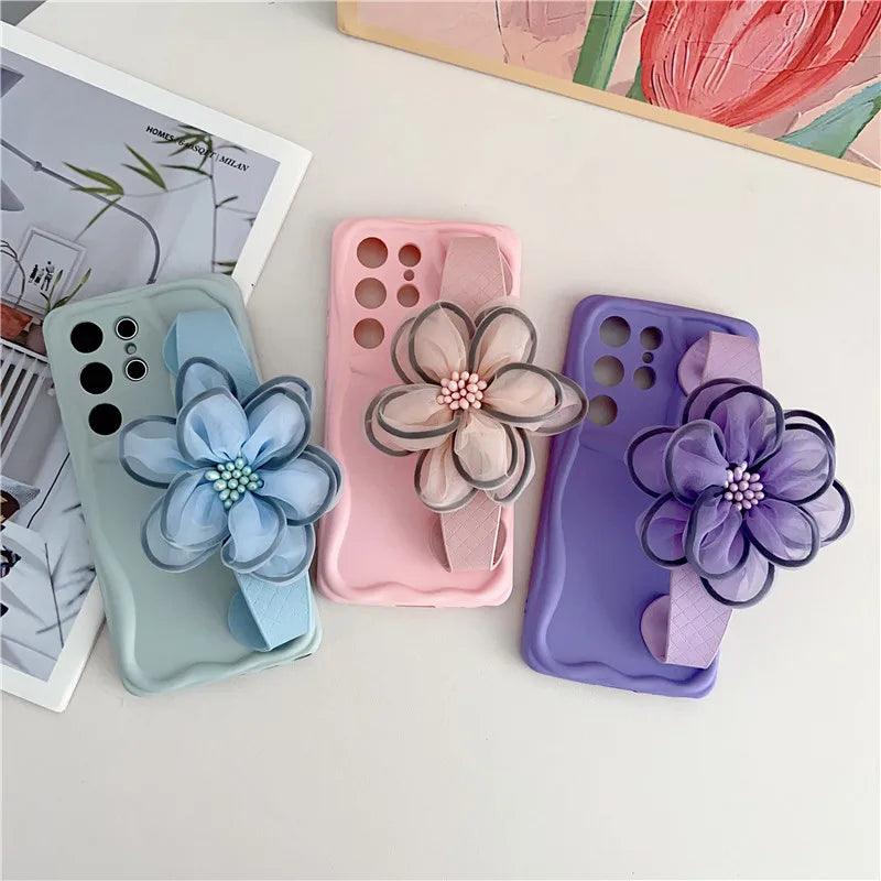 BCPC338 Cute Phone Case for Galaxy S23 FE, S22 Ultra, S21, S20 FE, A54 14, A24 34, A23 33, A53 73, A32, A52S, A50, A51, and A71 - Flower Hand Band Phone Holder - Touchy Style
