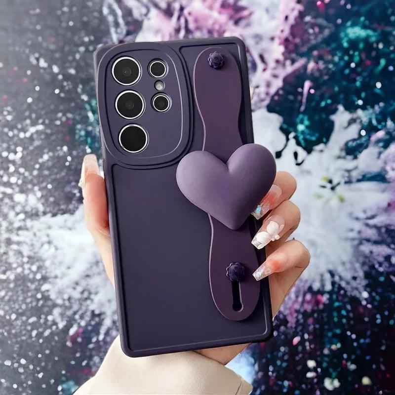 BCPC354 Cute Phone Case for Galaxy S23 Ultra, S22, S21, S20 FE, A54, 14, 24, 34, 53, M14, M54, 34, and F54 - Luxurious 3D Heart Design With Wrist Strap - Touchy Style