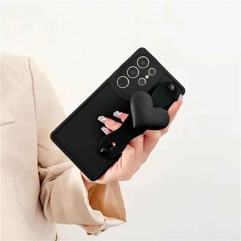 BCPC354 Cute Phone Case for Galaxy S23 Ultra, S22, S21, S20 FE, A54, 14, 24, 34, 53, M14, M54, 34, and F54 - Luxurious 3D Heart Design With Wrist Strap - Touchy Style